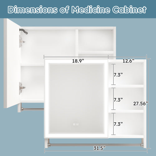 Modern 32x28 Inch Bathroom Cabinet With Mirror, LED Lights, Storage Cabinet with LED Mirror, Medicine Cabinet