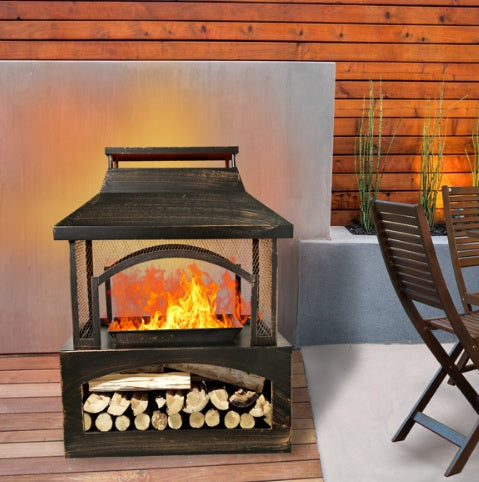 37 Inch Rectangular Metal Outdoor Wood Burning Fireplace - Outdoor Fireplace With Built-in Log Storage & Brush