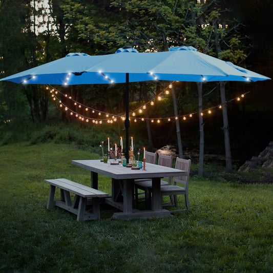 15x9ft Large Double-Sided Rectangular Outdoor Patio Umbrella With LED Lights And Base - Light Blue