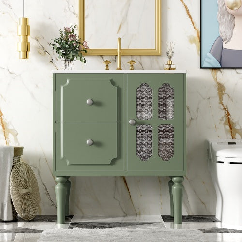 Vintage Style 30 inch Bathroom Vanity With Ceramic Sink Combination, Green Vintage Bathroom Vanity With Sink