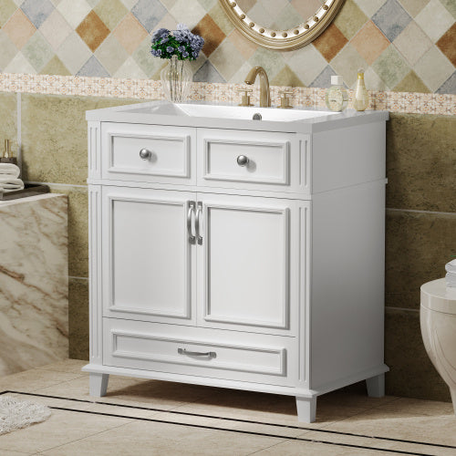 30 Inch White Bathroom Vanity With Resin Sink, Solid Wood Frame Bathroom Storage Cabinet With Soft Close Door, Vintage Style, White