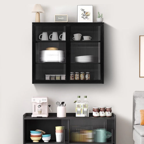 Modern Two-door Wall Cabinet With Glass Doors And Three Shelves, Living Room Entrance, Bathroom Storage, Dining Room, Black