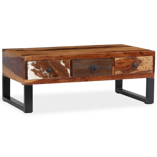 Rustic Wood And Cowhide Coffee Table, Coffee Table Solid Sheesham Wood 35.4"x19.7"x13.8"