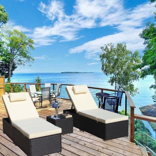 3-Piece Outdoor Patio Furniture Set With Chaise Lounge, Reclining Patio Rattan Lounge Chairs With Glass Coffee Table