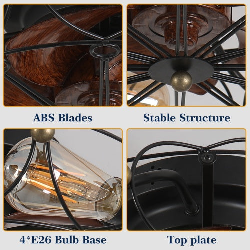 Industrial Cage Ceiling Fan With Light And Remote Control, Modern Industrial Ceiling Fan, Black/Brown