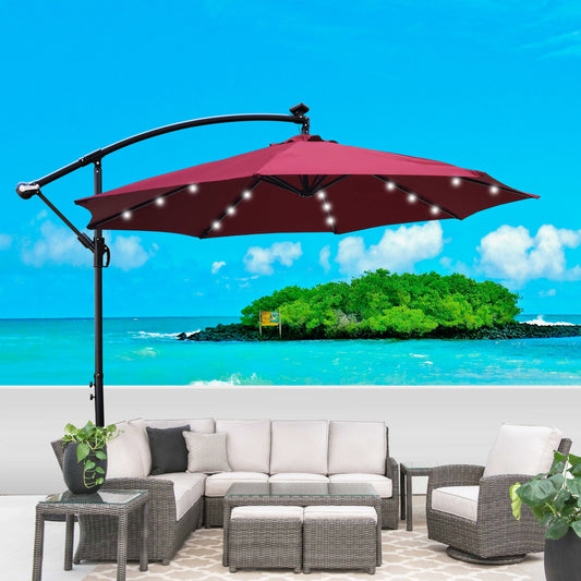 10ft Outdoor Patio Umbrella Solar Powered LED Lights, Waterproof Sun Shade Umbrella with Crank and Cross Base