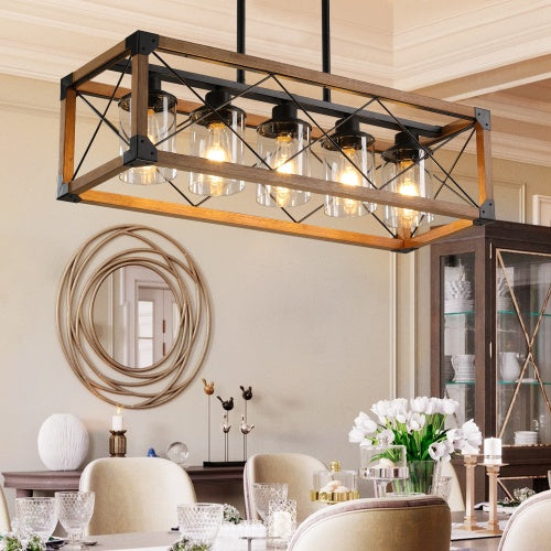 5 Light Vintage Farmhouse Chandelier For Kitchen, Rustic Chandelier For Living Room or Dining Room Walnut