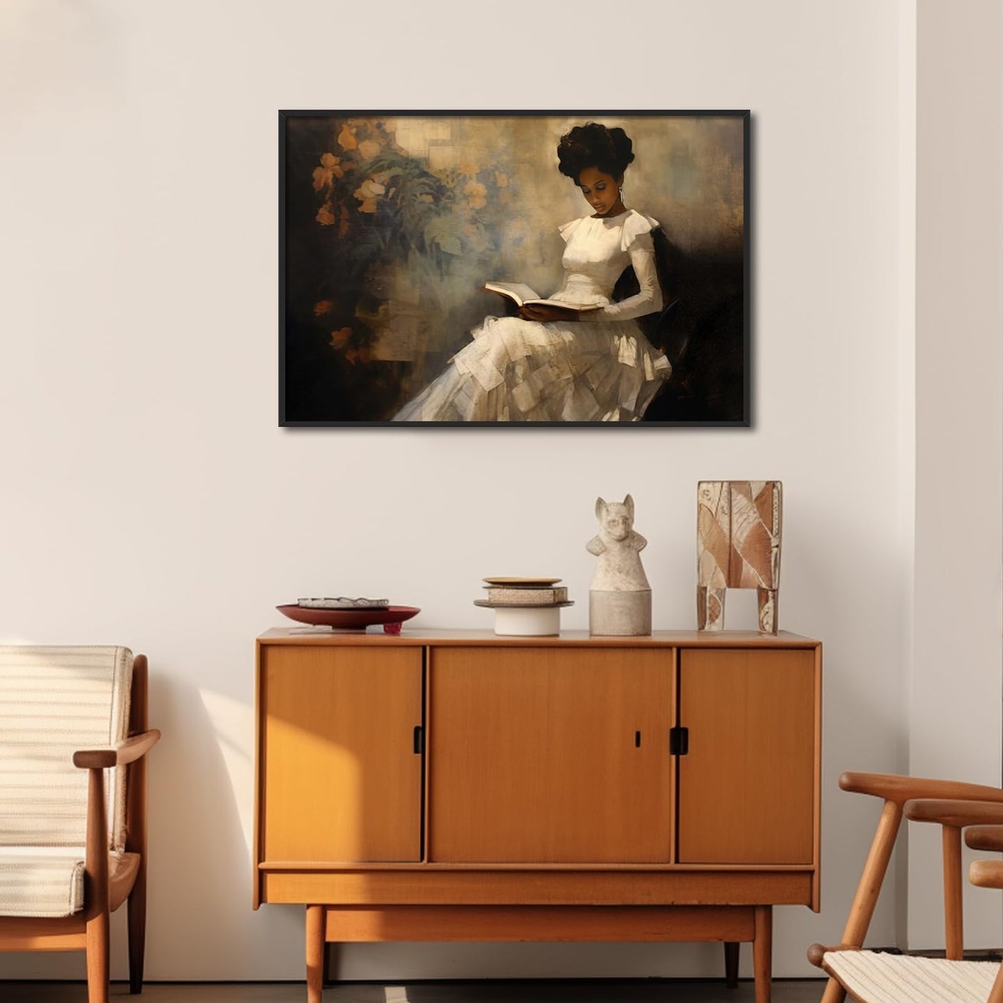 Framed Vintage Portrait of Beautiful African American Woman Reading A Book, Antique Sophisticated African American Wall Art, 24x36in