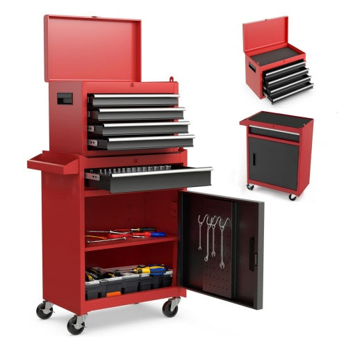 Tool Chest, 5-Drawer Rolling Tool Storage Cabinet With Detachable Top Tool Box, Universal Lockable Wheels, Adjustable Shelf, Locking Mechanism, Metal Tool Cart For Garage Workshop