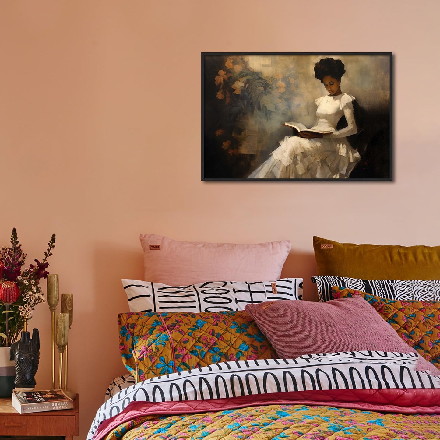Framed Vintage Portrait of Beautiful African American Woman Reading A Book, Antique Sophisticated African American Wall Art, 24x36in