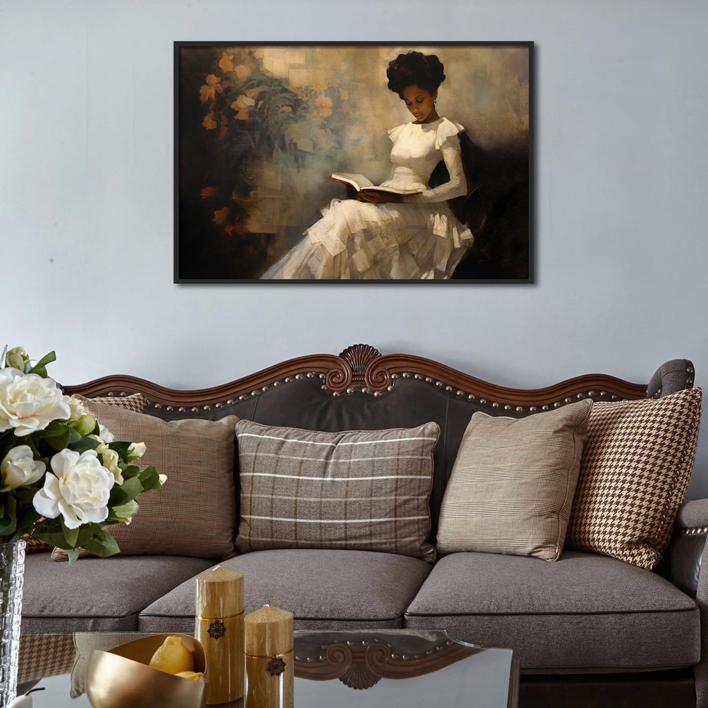 Framed Vintage Portrait of Beautiful African American Woman Reading A Book, Antique Sophisticated African American Wall Art, 24x36in