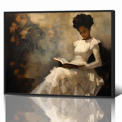 Framed Vintage Portrait of Beautiful African American Woman Reading A Book, Antique Sophisticated African American Wall Art, 24x36in