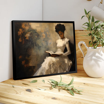 Framed Vintage Portrait of Beautiful African American Woman Reading A Book, Antique Sophisticated African American Wall Art, 24x36in