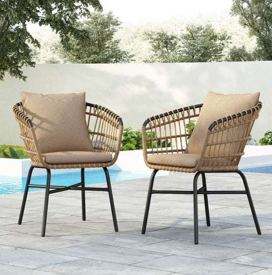 Outdoor Wicker And Metal Patio Chairs With Cushions, Set Of 2