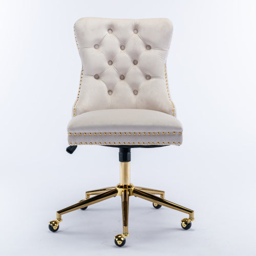 Velvet Fabric Tufted Button Home Office Chair, Adjustable Swivel Office Chair With Wheels, Beige