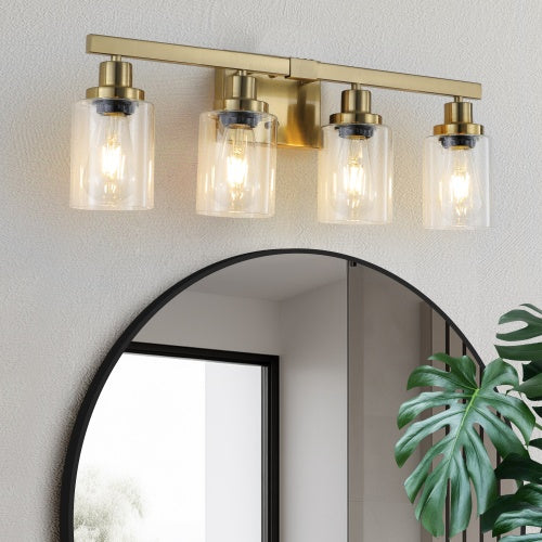 Gold 4 Lamp Bathroom Vanity Light With Clear Glass Shade, Modern Iron Metal Bathroom Wall Fixture