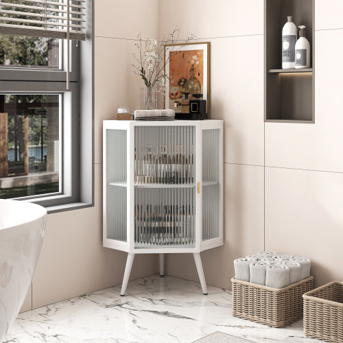 Floor Corner Cabinet With Tempered Glass Door And Storage Shelves, Corner Bathroom Cabinet, Living Room Cabinet, Bedroom Corner Storage, White