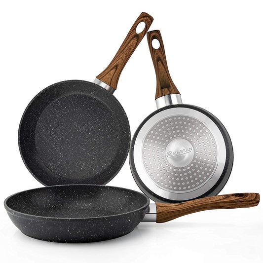 Frying Pan Set, 3-Piece Nonstick Saucepan, Wok Cookware Set, Heat-Resistant Ergonomic Wood Effect Bakelite Handle Design, PFOA Free