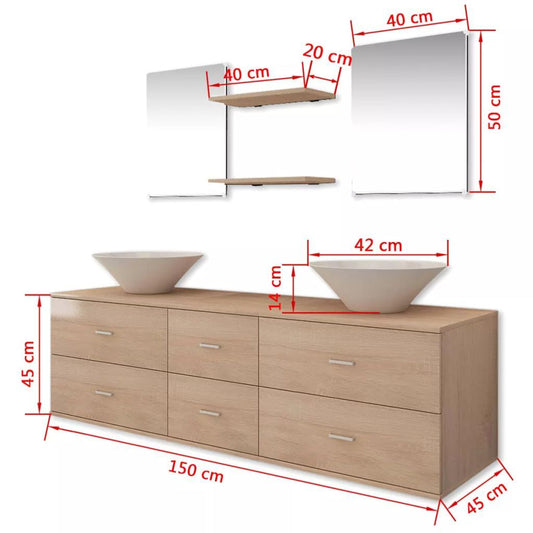 Seven Piece Bathroom Furniture and Basin Set, Beige