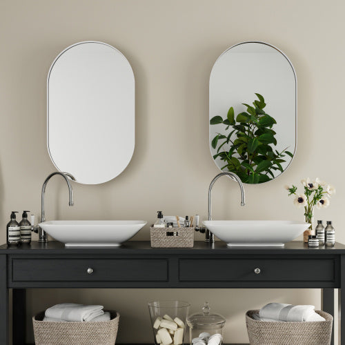 Oval Recessed Medicine Cabinet, Metal Frame Bathroom Wall Cabinet With Mirror And Adjustable Shelves, White 20x34In