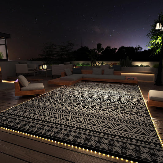 6x9ft Outdoor Waterproof Rug With Strip Lights, Reversible Patio Rug, Weaved Plastic Straw Outdoor Rug, Grey