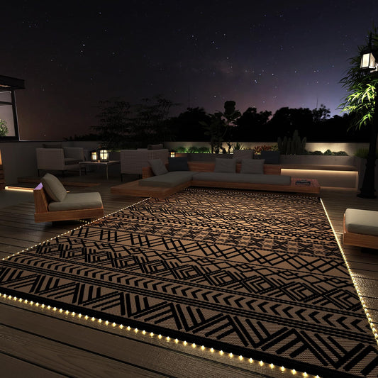 9x12ft Outdoor Waterproof Rug with LED Strip Lights, Reversible Patio Rug, Weaved Plastic Straw Outdoor Rug, Black Brown