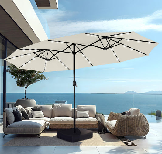 Large 15ft Patio Umbrella with Solar Lights, Rectangle Umbrella With 36 LED Lights, And Umbrella Base (Stand) Included, Ivory
