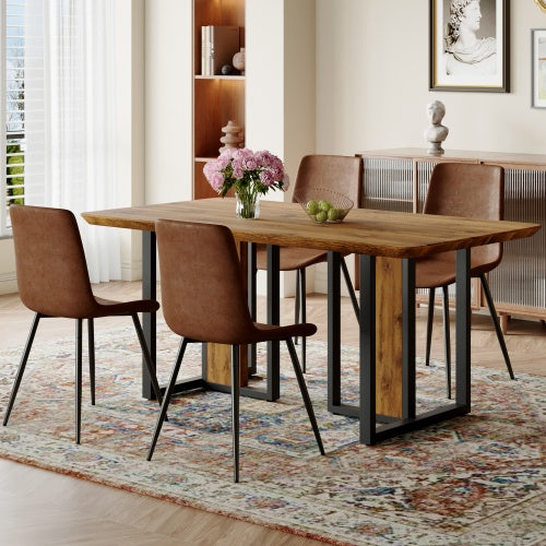 Dining Table Set, 67x36 Wood-Textured Set With 4 Brown Suede Chairs