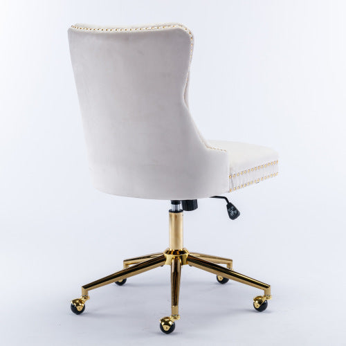 Velvet Fabric Tufted Button Home Office Chair, Adjustable Swivel Office Chair With Wheels, Beige