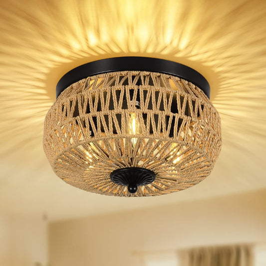 3 Light Woven Rattan Flush Mounted Chandelier, Flush Lamp Fixture With Handmade Caged Lampshade For Bedroom, Kitchen, Hallway, Porch