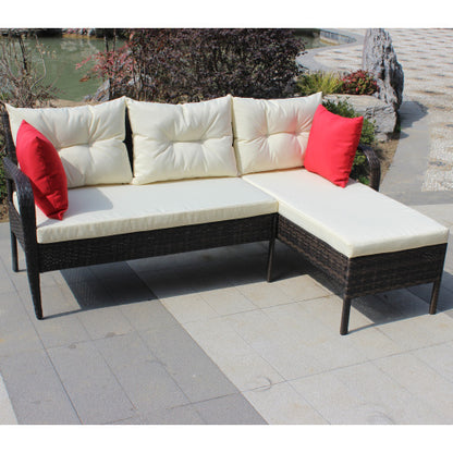 Outdoor Patio Furniture Set, 2 Piece Wicker Ratten Sectional With Cushions, Beige