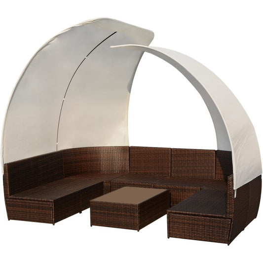 9 Piece Patio Lounge Set with Canopies, Poly Rattan Brown