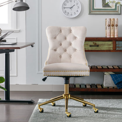 Velvet Fabric Tufted Button Home Office Chair, Adjustable Swivel Office Chair With Wheels, Beige