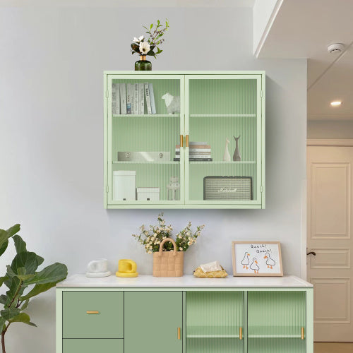 Mint Green Double Door Wall Cabinet With Glass Door and Three Levels Of Storage, Bathroom Cabinet With Shelves, Medicine Cabinet