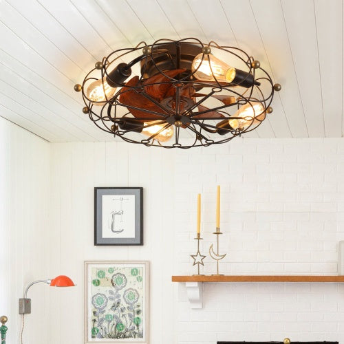 Industrial Cage Ceiling Fan With Light And Remote Control, Modern Industrial Ceiling Fan, Black/Brown