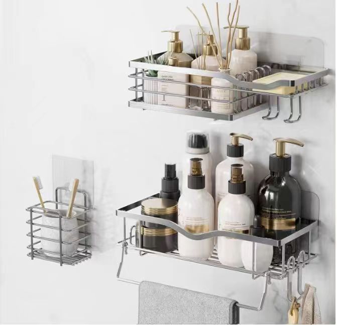 Rustproof Shower Caddy And Soap Dish With Hooks, Shower Shelf Organizer, No Drilling Adhesive Wall Mounted Bathroom Shelf
