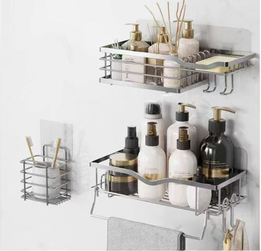 Rustproof Shower Caddy And Soap Dish With Hooks, Shower Shelf Organizer, No Drilling Adhesive Wall Mounted Bathroom Shelf