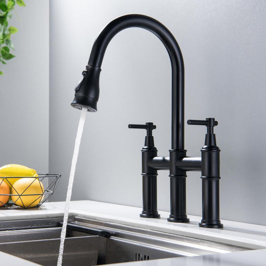 As seen on YouTube! Black Double Handle Farmhouse Kitchen Sink Faucet with Faucet Sprayer, Elegant Stainless Steel Kitchen Faucet