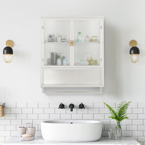 Modern White Double Door Wall Cabinet With Glass Doors, Open Shelves, and Towel Rail, Medicine Cabinet