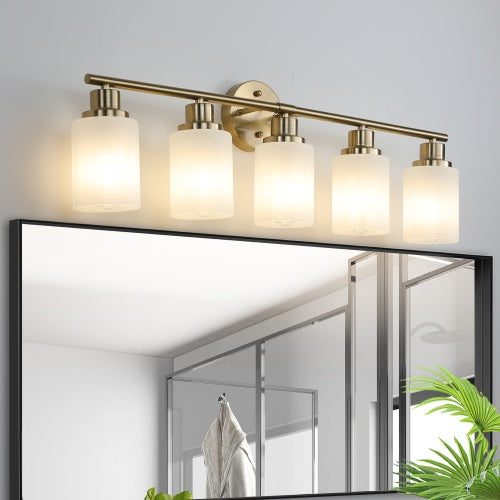 5 Light Gold Bathroom Vanity Fixture, Frosted Glass Shade, Modern Wall Mounted Bathroom Lighting