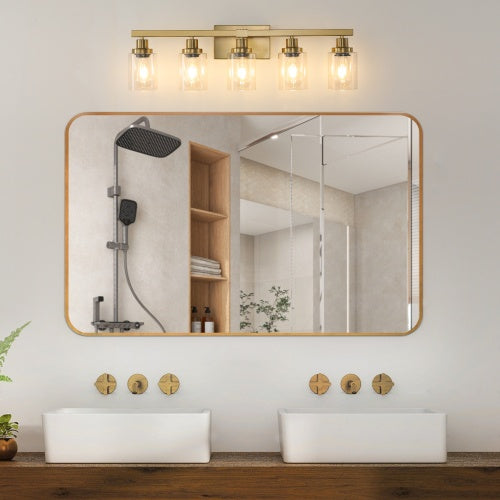 Gold 5 Light Bathroom Vanity Light With Clear Glass Shade, Modern Iron Bathroom Wall Fixture