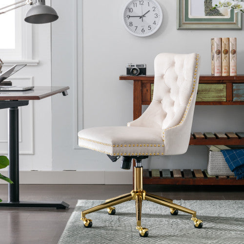 Velvet Fabric Tufted Button Home Office Chair, Adjustable Swivel Office Chair With Wheels, Beige