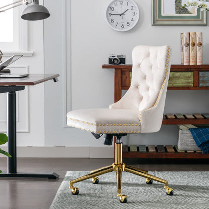 Velvet Fabric Tufted Button Home Office Chair, Adjustable Swivel Office Chair With Wheels, Beige