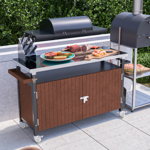 Outdoor Barbecue Cart With Stainless Steel Tabletop, Outdoor Patio Table