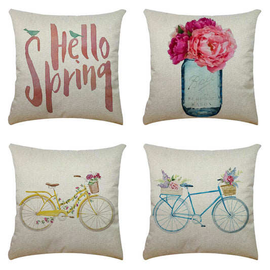 Bicycle Illustration Linen Pillow Cover Vase English Letters Home Cushion