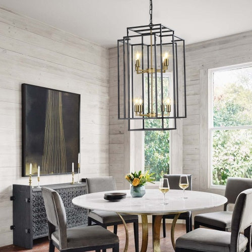 8 Light Black & Gold Lantern , Contemporary Tiered Chandelier, Metal Industrial Farmhouse Chandelier