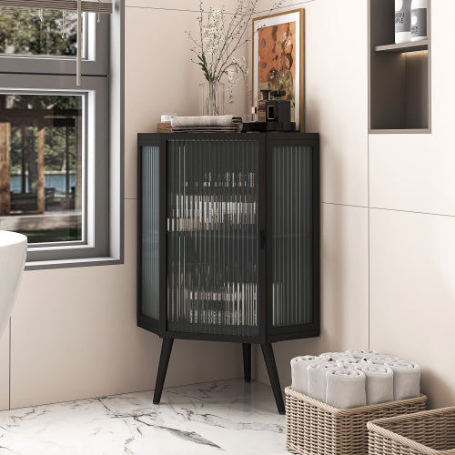 Floor Corner Cabinet With Tempered Glass Door And Storage Shelves, Corner Bathroom Cabinet, Living Room Cabinet, Bedroom Corner Storage, Black