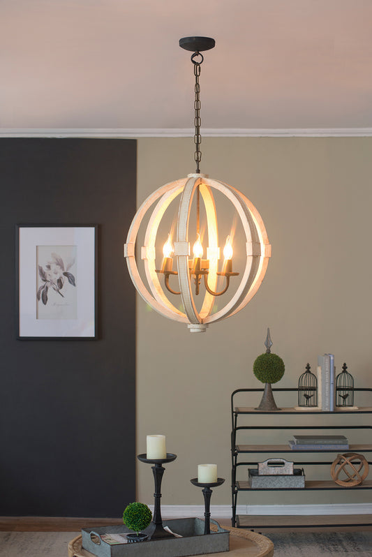 6 Light Wood Chandelier With Adjustable Chain For Kitchen, Dining Room Light Fixture, Entrance Chandelier, Bulbs Not Included