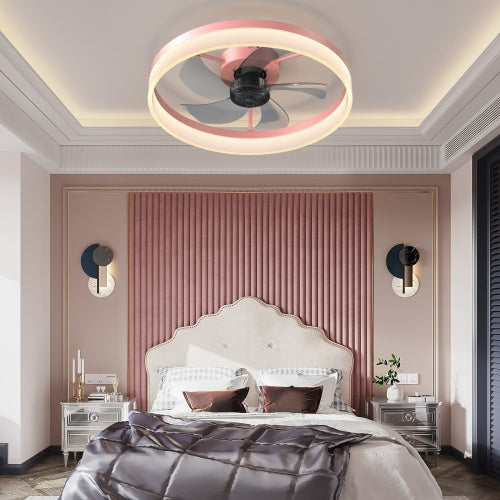 Round Ceiling Fan With Dimmable LED Light, Recessed Modern Minimal Ceiling Fan, Pink