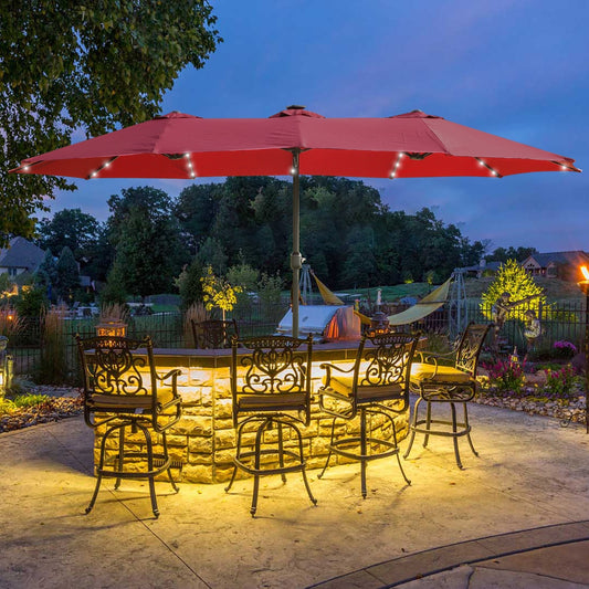 15x9ft Large Double-Sided Rectangular Outdoor Patio Umbrella With LED Lights And Base - Red
